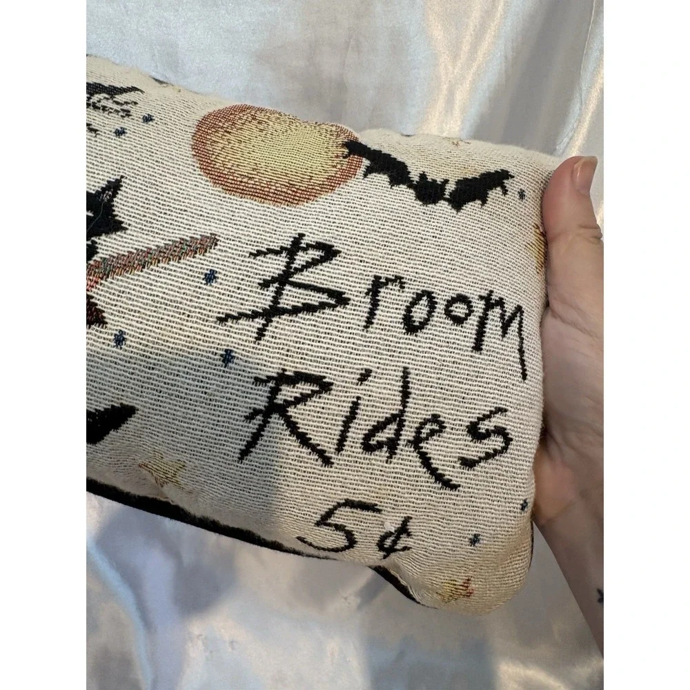 Witch Halloween Broom Rides Tapestry Accent Pillow Cat Moon Bat
